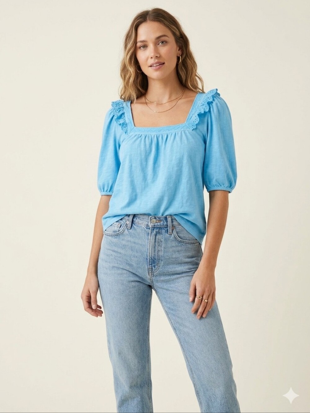 Pioneer Woman Sky Blue Square-Neck Puff Sleeve Top - Picture 9 of 9